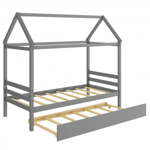 Twin House Bed Frame with Trundle Roof Wooden Platform Mattress Foundation-Gray