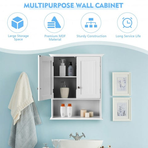 Wall Mount Bathroom Cabinet Storage Organizer with Doors and Shelves-White