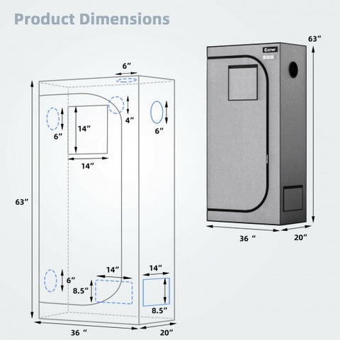 36 x 20 x 63 Inch Indoor Grow Room with Observation Window-Gray