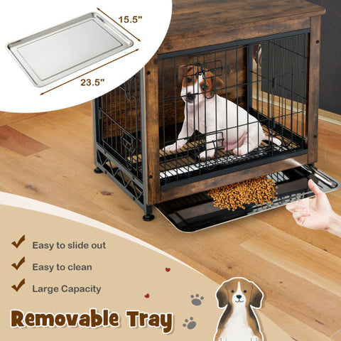 Wooden Dog Crate Furniture with Tray and Double Door-Brown