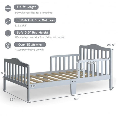 Classic Design Kids Wood Toddler Bed Frame with Two Side Safety Guardrailss-Gray