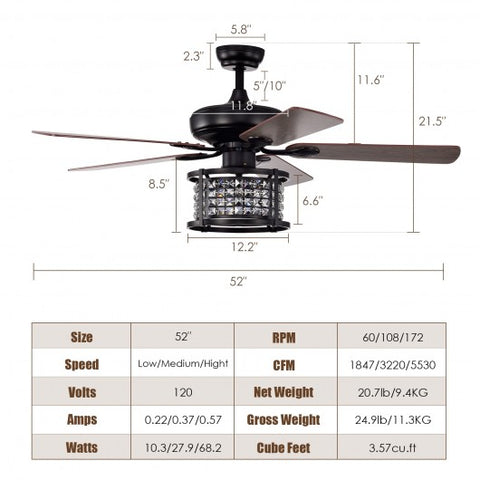 52 Inch 3-Speed Crystal Ceiling Fan Light with Remote Control-Black