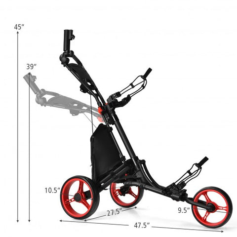 Folding 3 Wheels Golf Push Cart with Bag Scoreboard Adjustable Handle -Red