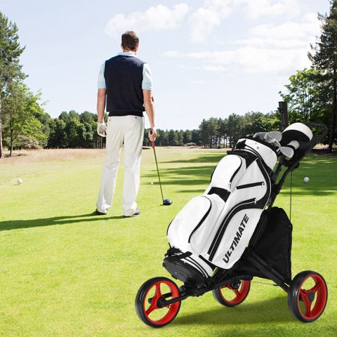 Folding 3 Wheels Golf Push Cart with Bag Scoreboard Adjustable Handle -Red