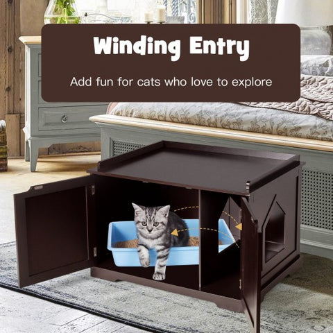 Cat Litter Box Enclosure with Double Doors for Large Cat and Kitty-Brown