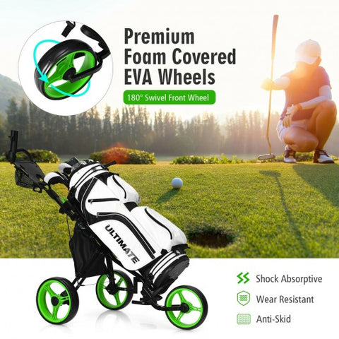 3 Wheels Folding Golf Push Cart with Seat Scoreboard and Adjustable Handle-Green