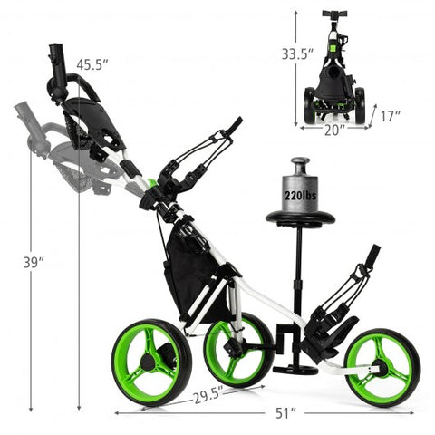 3 Wheels Folding Golf Push Cart with Seat Scoreboard and Adjustable Handle-Green