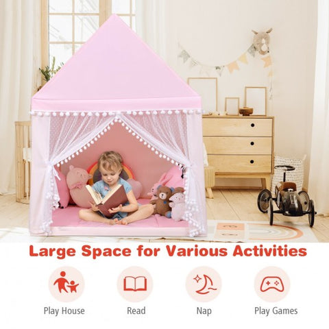 Kids Play Tent Large Playhouse Children Play Castle Fairy Tent Gift with Mat-Pink