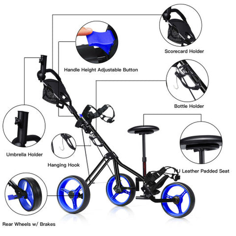 Foldable 3 Wheels Push Pull Golf Trolley with Scoreboard Bag-Navy