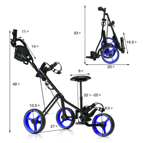 Foldable 3 Wheels Push Pull Golf Trolley with Scoreboard Bag-Navy