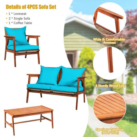 4 Pieces Acacia Wood Patio Rattan Furniture Set-Turquoise