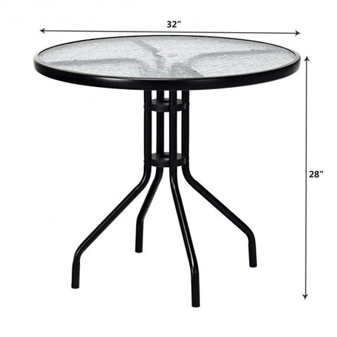 32 Inch Outdoor Patio Round Tempered Glass Top Table with Umbrella Hole