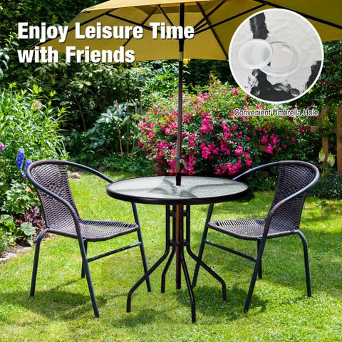 32 Inch Outdoor Patio Round Tempered Glass Top Table with Umbrella Hole