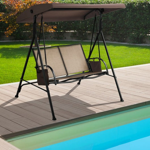 2 Seat Patio Porch Swing with Adjustable Canopy Storage Pockets Brown