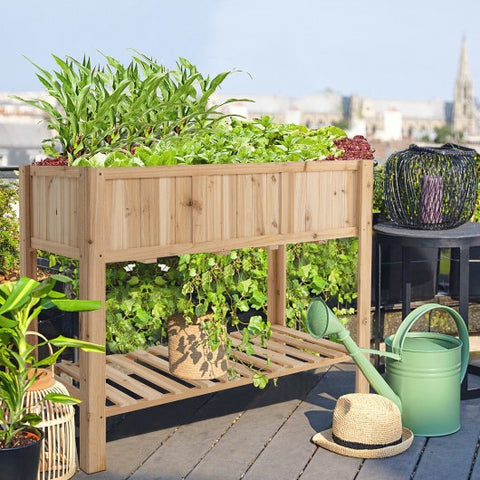 47 Inch Wooden Raised Garden Bed with Bottom Shelf and Bed Liner