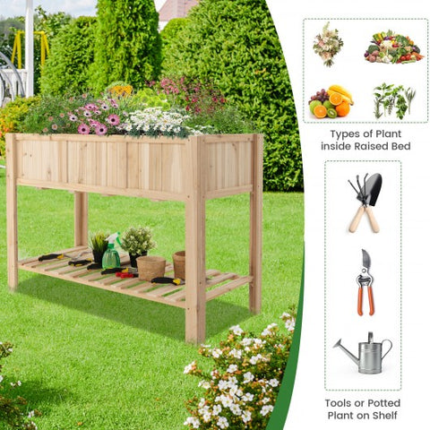 47 Inch Wooden Raised Garden Bed with Bottom Shelf and Bed Liner