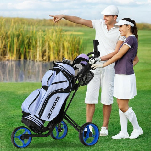 Folding 3 Wheels Golf Push Cart with Brake Scoreboard Adjustable Handle-Blue