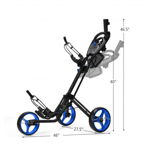 Folding 3 Wheels Golf Push Cart with Brake Scoreboard Adjustable Handle-Blue