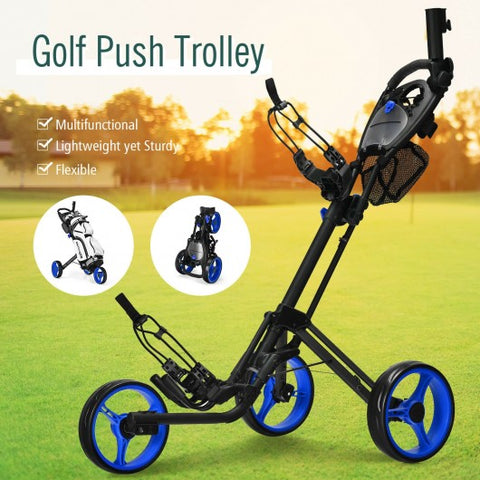 Folding 3 Wheels Golf Push Cart with Brake Scoreboard Adjustable Handle-Blue