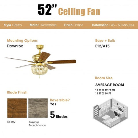 52 Inch Retro Ceiling Fan Light with Reversible Blades Remote Control-Golden