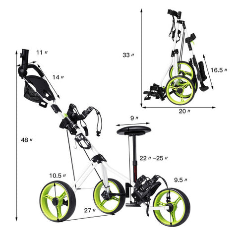 Foldable 3 Wheels Push Pull Golf Trolley with Scoreboard Bag