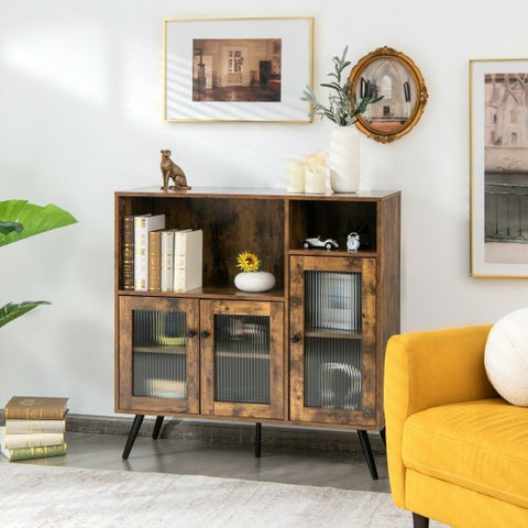 Buffet Kitchen Storage Cupboard with Glass Door and Adjustable Shelves-Rustic Brown