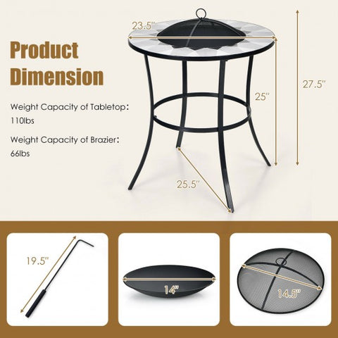 23.5 Inches Round Fire Pit Table with Mesh Cover and Fire Poker