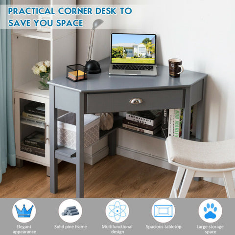 Corner Wooden Piece Laptop Computer Desk-Gray