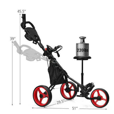 3 Wheels Folding Golf Push Cart with Seat Scoreboard and Adjustable Handle-Red