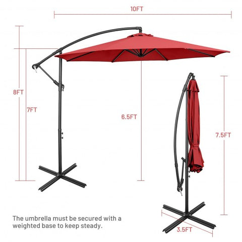 10FT Offset Umbrella with 8 Ribs Cantilever and Cross Base Tilt Adjustment-Red