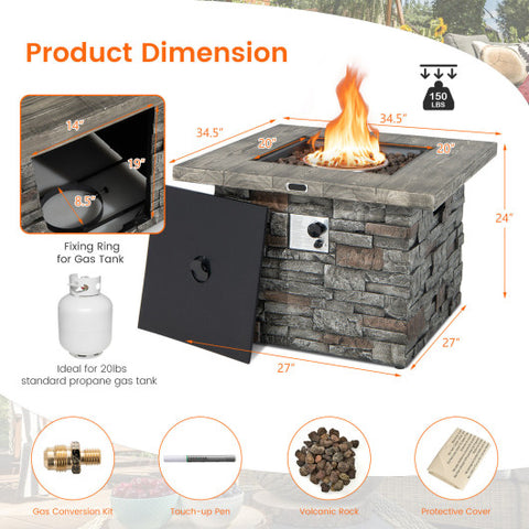 34.5 Inch Square Propane Gas Fire Pit Table with Lava Rock and PVC Cover-Gray