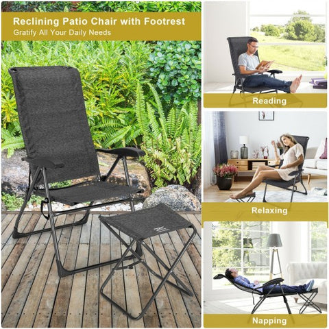 4 Pieces Patio Adjustable Back Folding Dining Chair Ottoman Set-Gray