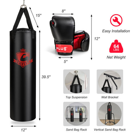 63 Pounds Filled Punching Hanging Bag Set Kick Boxing MMA training with Gloves-Black