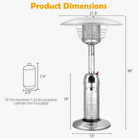 11 000BTU Portable Tabletop Patio Stainless Steel Standing Propane Heater