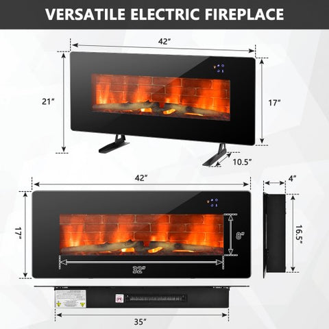 42 Inch Electric Wall Mounted Freestanding Fireplace with Remote Control-Black