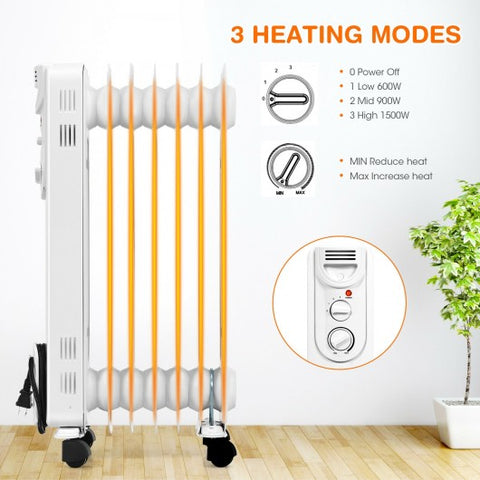 1500W Electric Oil Heater with 3 Heat Settings and Safe Protection