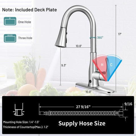 Touchless Kitchen Faucet with 360° Swivel Single Handle Sensor and 3 Mode Sprayer