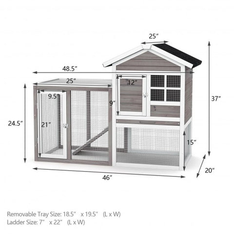 2-Story Wooden Rabbit Hutch with Running Area-Gray