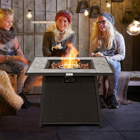 35 Inch Propane Gas Fire Pit Table Wicker Rattan with Lava Rocks PVC Cover-Black