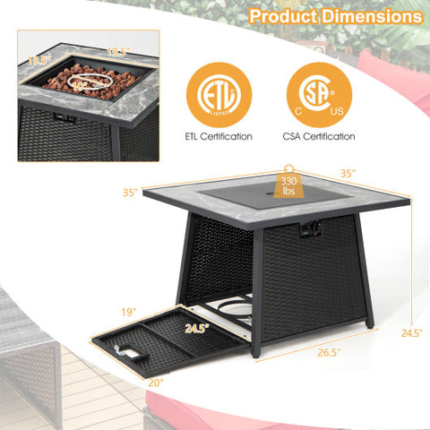 35 Inch Propane Gas Fire Pit Table Wicker Rattan with Lava Rocks PVC Cover-Black