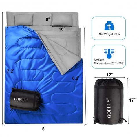 2 Person Waterproof Sleeping Bag with 2 Pillows-Blue