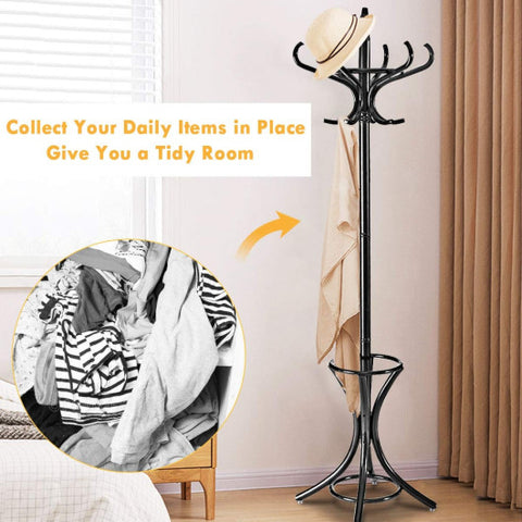 Wood Standing Hat Coat Rack with Umbrella Stand-Black