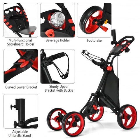 Lightweight Foldable Collapsible 4 Wheels Golf Push Cart-Red