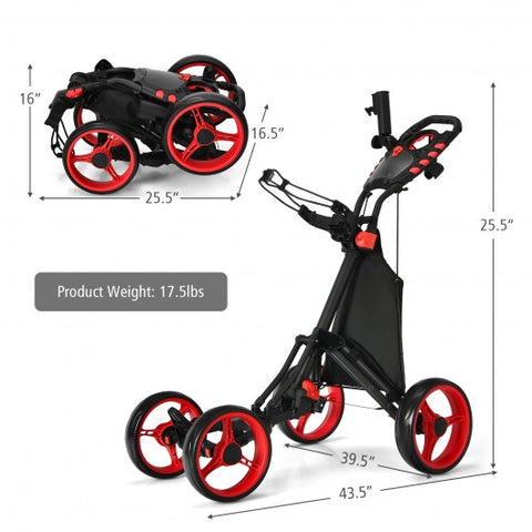 Lightweight Foldable Collapsible 4 Wheels Golf Push Cart-Red