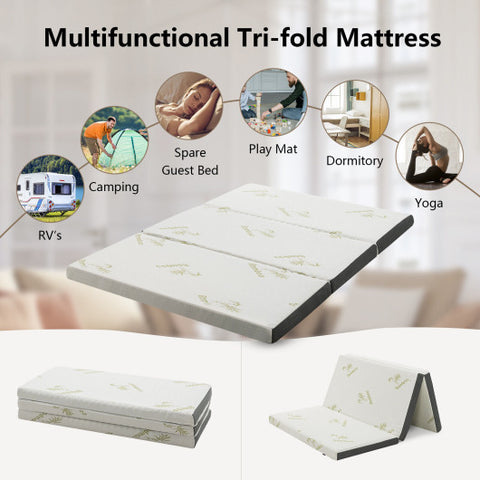 Queen 3 Inch Tri-fold Memory Foam Floor Mattress Topper Portable with Carrying Bag-M