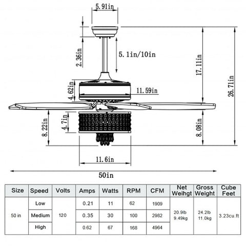 50 Inch Electric Crystal Ceiling Fan with Light Adjustable Speed Remote Control-Silver