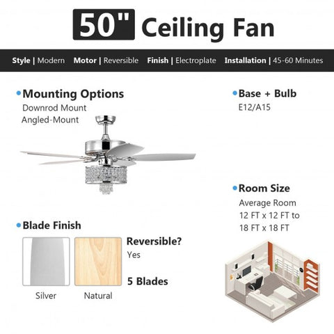 50 Inch Electric Crystal Ceiling Fan with Light Adjustable Speed Remote Control-Silver