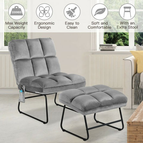 Massage Chair Velvet Accent Sofa Chair with Ottoman and Remote Control - Gray