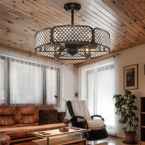 30 Inch Caged Ceiling Fan With Light Crystal Lampshade 6 Light Bases-Brown