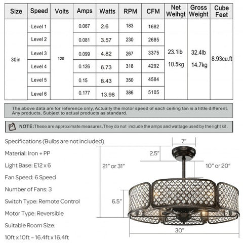 30 Inch Caged Ceiling Fan With Light Crystal Lampshade 6 Light Bases-Brown